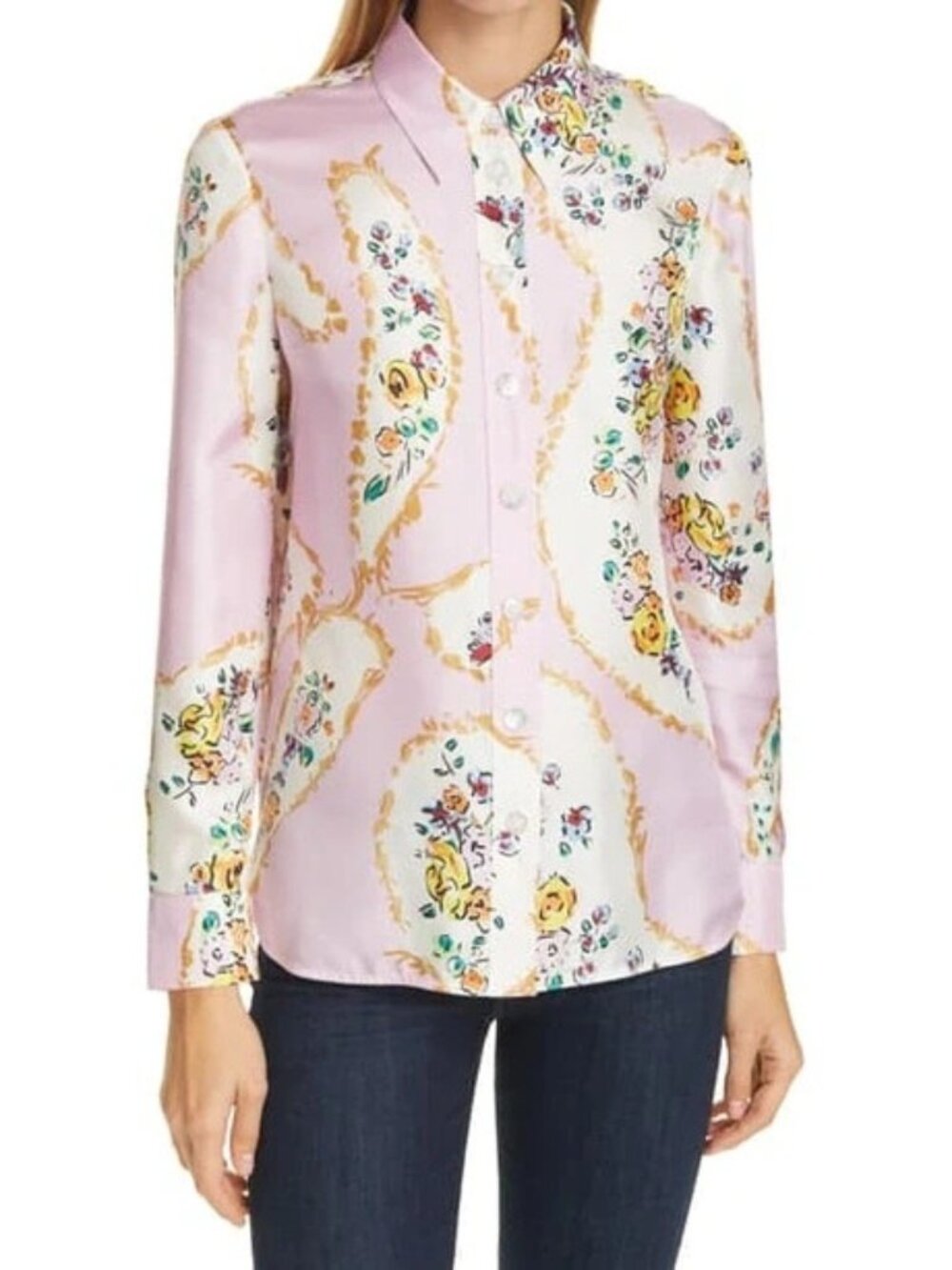 NWT Tory Burch Silk Printed Blouse in Pink Porcelain Floral Button Down Shirt 6